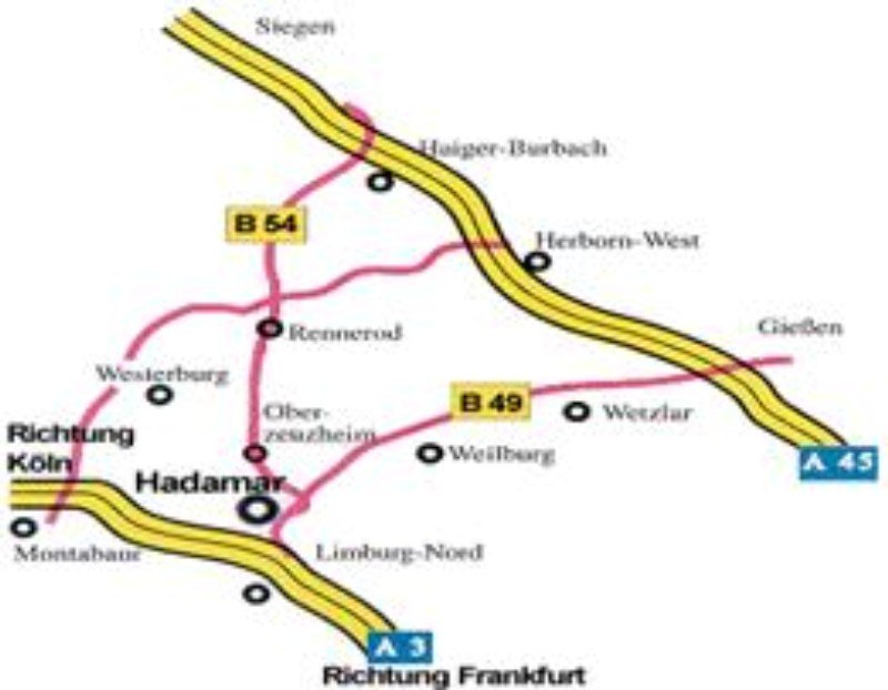 Übersichtskarte der Anfahrt nach Hadamar: die Autobahnen A 3 und A 45 sowie die Bundesstraßen B 49 und B 54 mit den Orten Limburg-Nord, Rennerod, Westerburg und Haiger-Burbach.