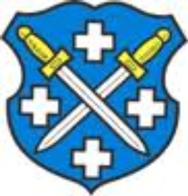 Wappen der Stadt Hadamar: zwei gekreuzte goldene Schwerter und vier silberne Kreuze auf blauem Grund.