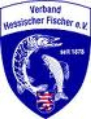 Wappen des Verbands Hessischer Fischer e.V. mit zwei Fischen auf blauem Schild.